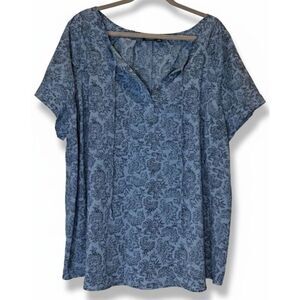 A new approach womens 2xl shirt blue floral blouse boho split neck top
